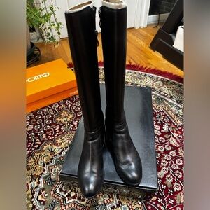 WHBM leather boots, size 7. 1.5” heel. Back panel is of stretchy nylon fabric